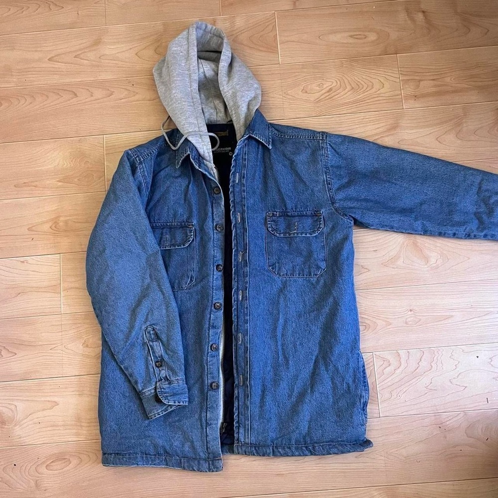 Reservoir Workwear Blue and Gray Puffer Jacket Denim outside with gray hoodie